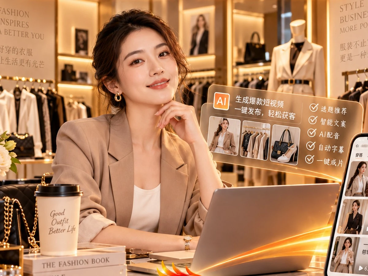 服装经营者在门店中准备人物与商品视频素材